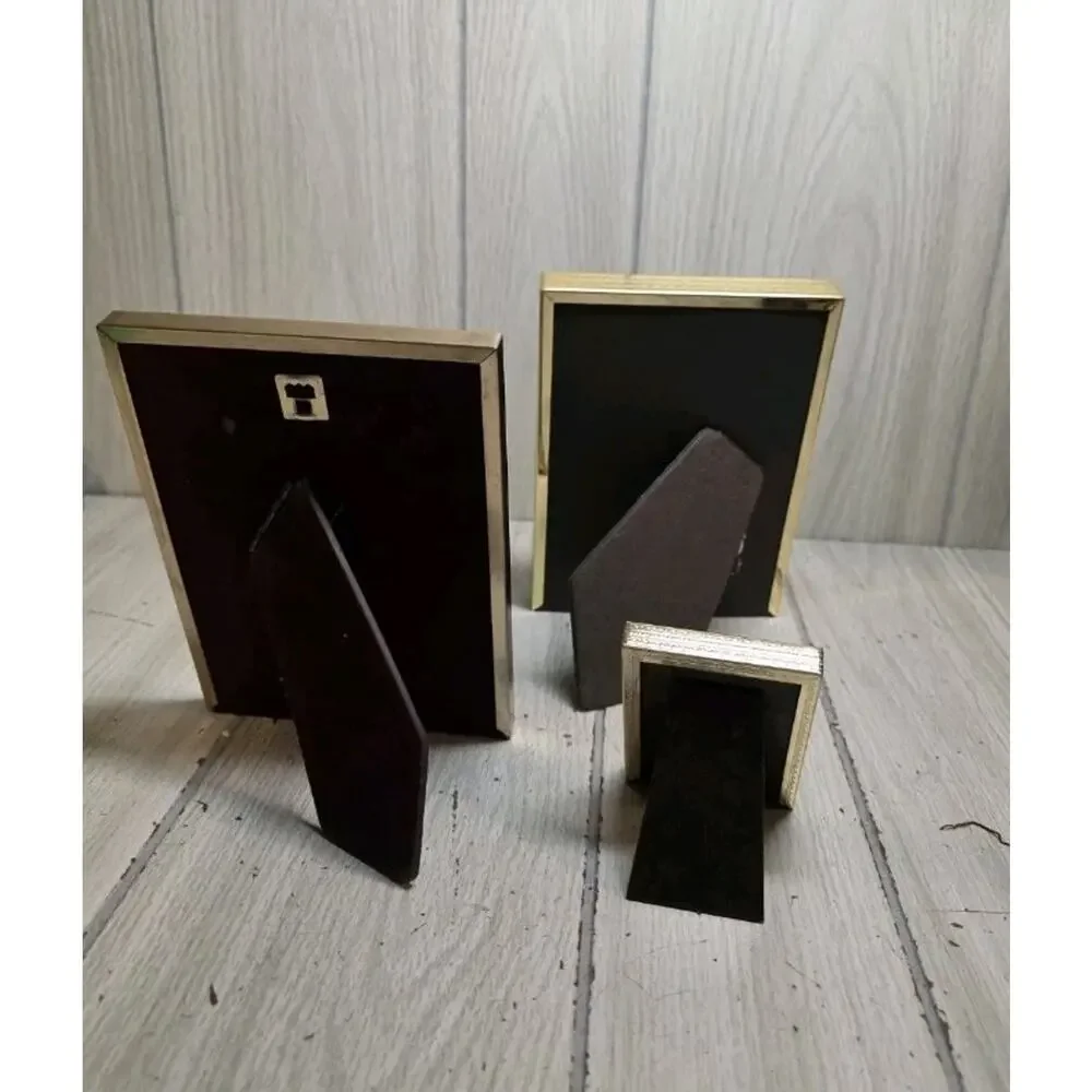 Vintage MCM Metal Brass Picture Frames Freestanding Wall Hanging Gold Set Of 3